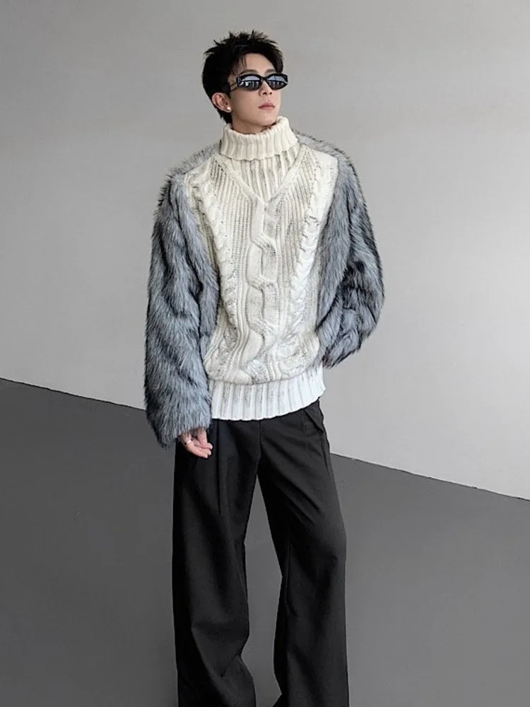 HKSH Autumn Winter New Men Trendy Design Thickened Turtleneck Sweater Faux Fur Plush Patchwork Twisted Knitted Pullovers HK16331