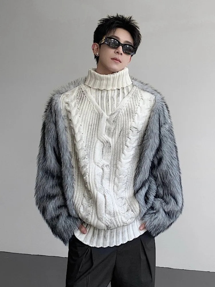 HKSH Autumn Winter New Men Trendy Design Thickened Turtleneck Sweater Faux Fur Plush Patchwork Twisted Knitted Pullovers HK16331