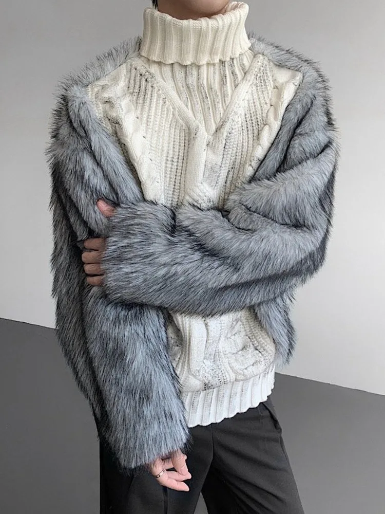 HKSH Autumn Winter New Men Trendy Design Thickened Turtleneck Sweater Faux Fur Plush Patchwork Twisted Knitted Pullovers HK16331