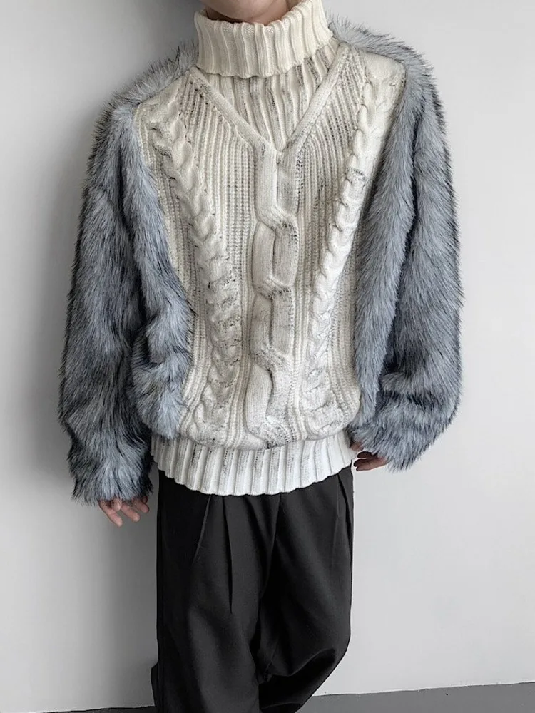 HKSH Autumn Winter New Men Trendy Design Thickened Turtleneck Sweater Faux Fur Plush Patchwork Twisted Knitted Pullovers HK16331