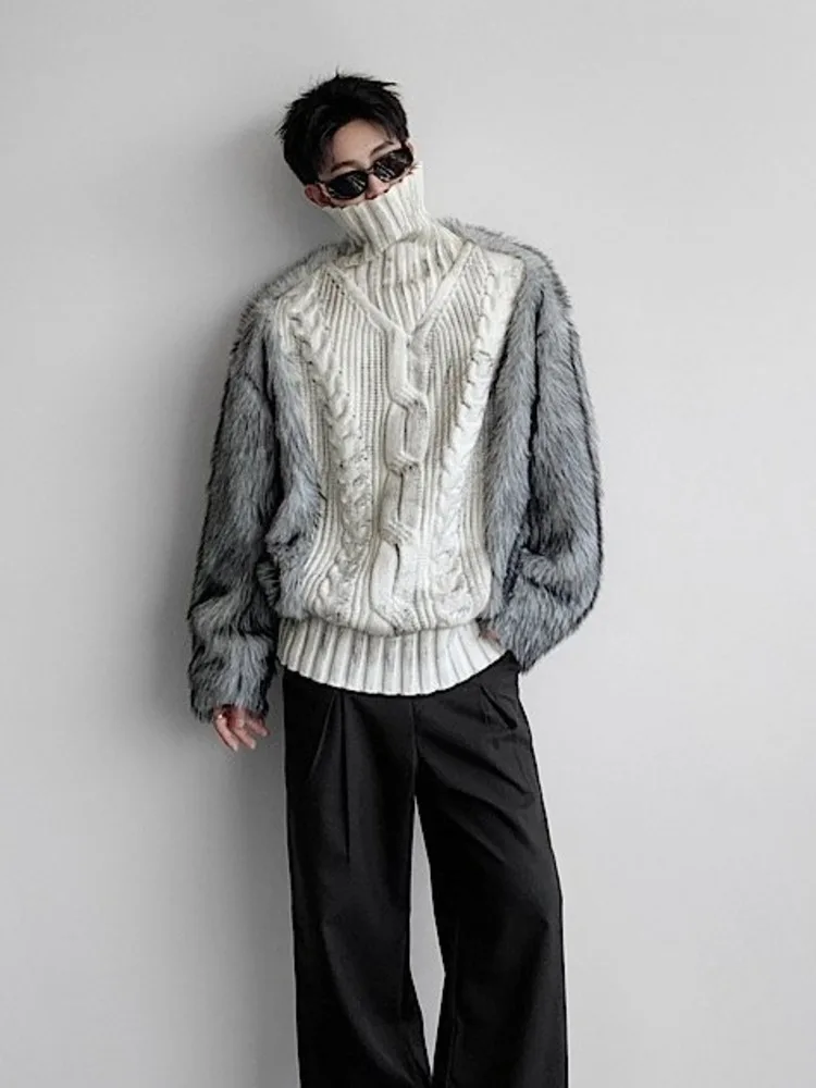 HKSH Autumn Winter New Men Trendy Design Thickened Turtleneck Sweater Faux Fur Plush Patchwork Twisted Knitted Pullovers HK16331