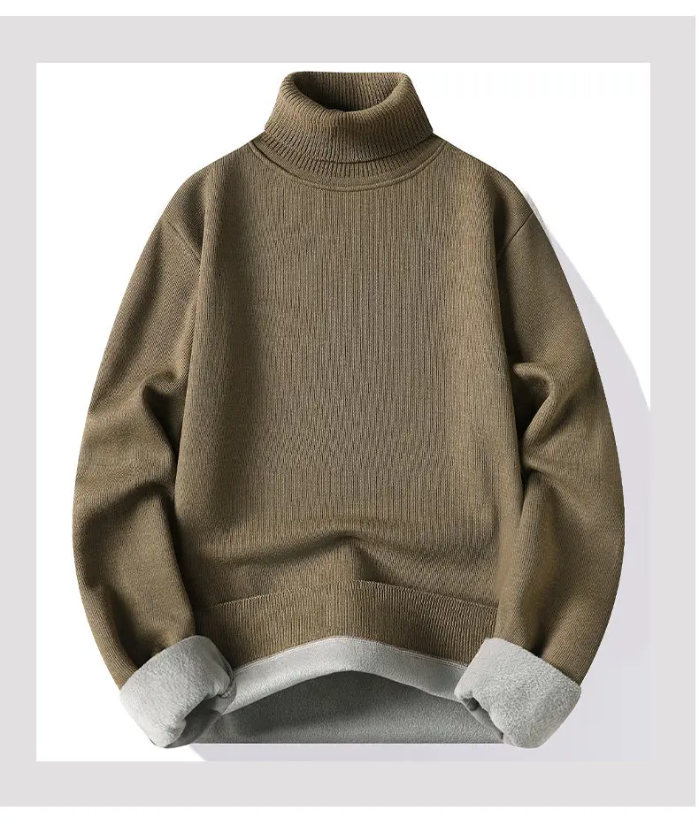 Mens Turtleneck Sweater Fleeced Knitwear Solid Color Velvet Jumpers Slim Fit Elegant Luxury Brand Brown Knitted Sweaters