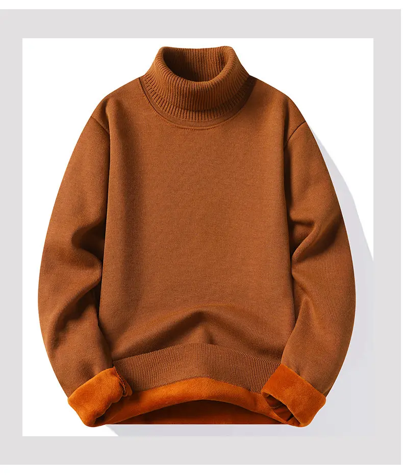Mens Turtleneck Sweater Fleeced Knitwear Solid Color Velvet Jumpers Slim Fit Elegant Luxury Brand Brown Knitted Sweaters