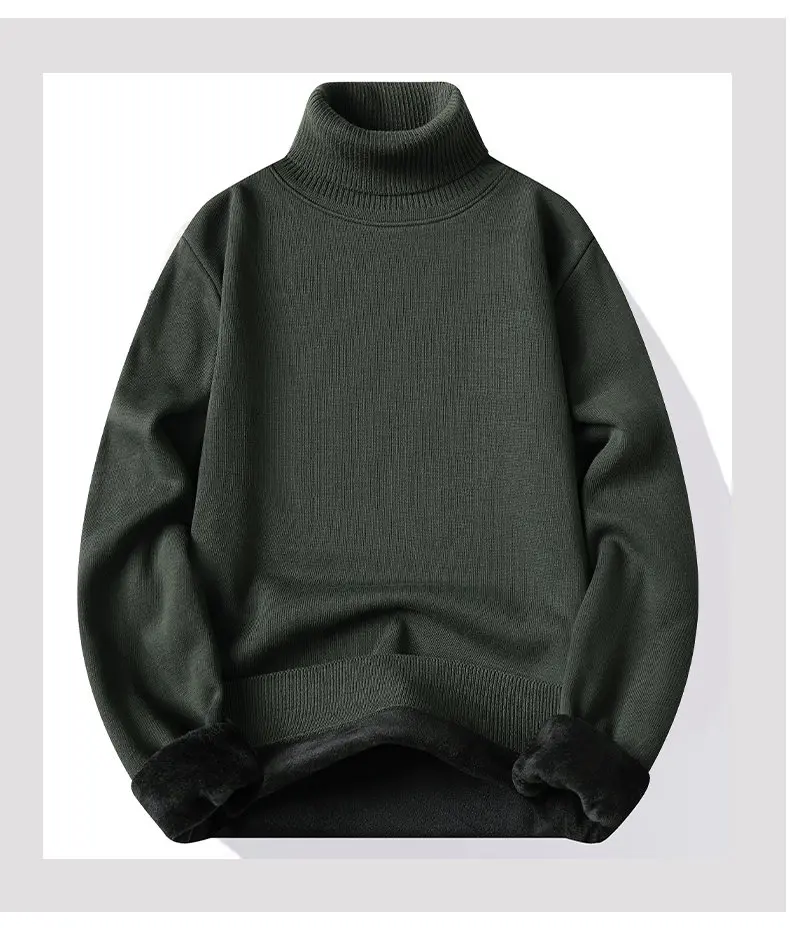Mens Turtleneck Sweater Fleeced Knitwear Solid Color Velvet Jumpers Slim Fit Elegant Luxury Brand Brown Knitted Sweaters