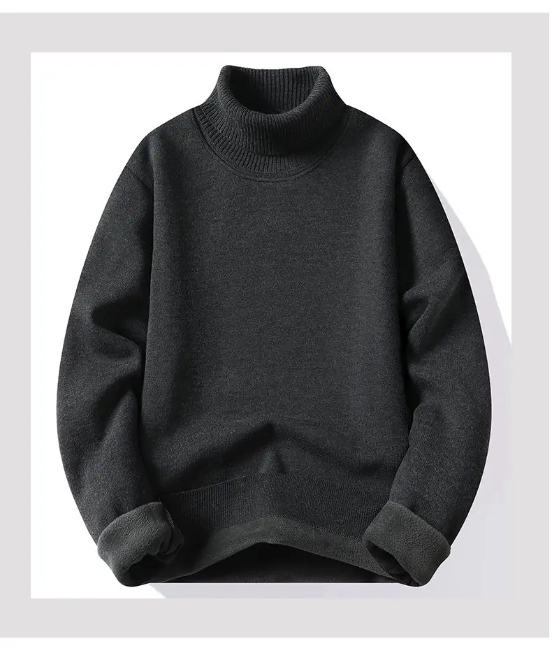 Mens Turtleneck Sweater Fleeced Knitwear Solid Color Velvet Jumpers Slim Fit Elegant Luxury Brand Brown Knitted Sweaters