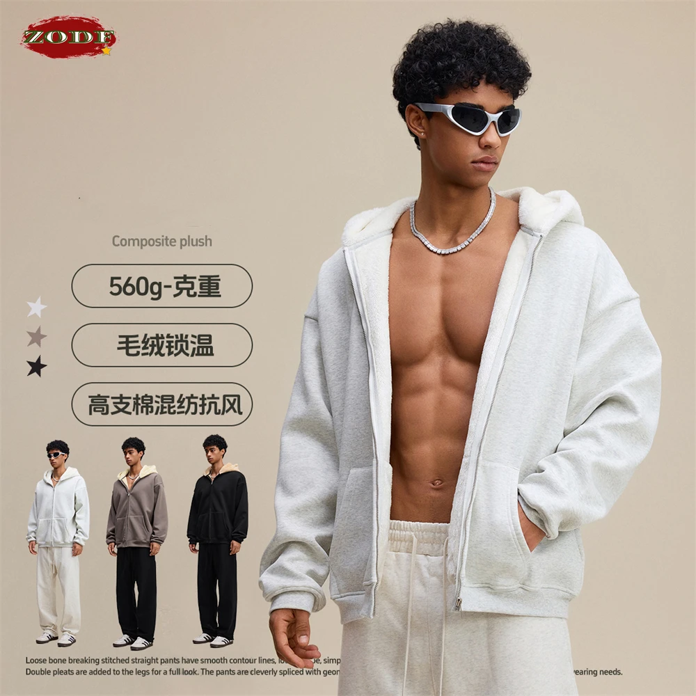 ZODF Winter Heavy Weight 560gsm Man's Zipper Hoodies Unisex Oversized Thick Warm Zip-up Hooded Fleece Coats HY1144