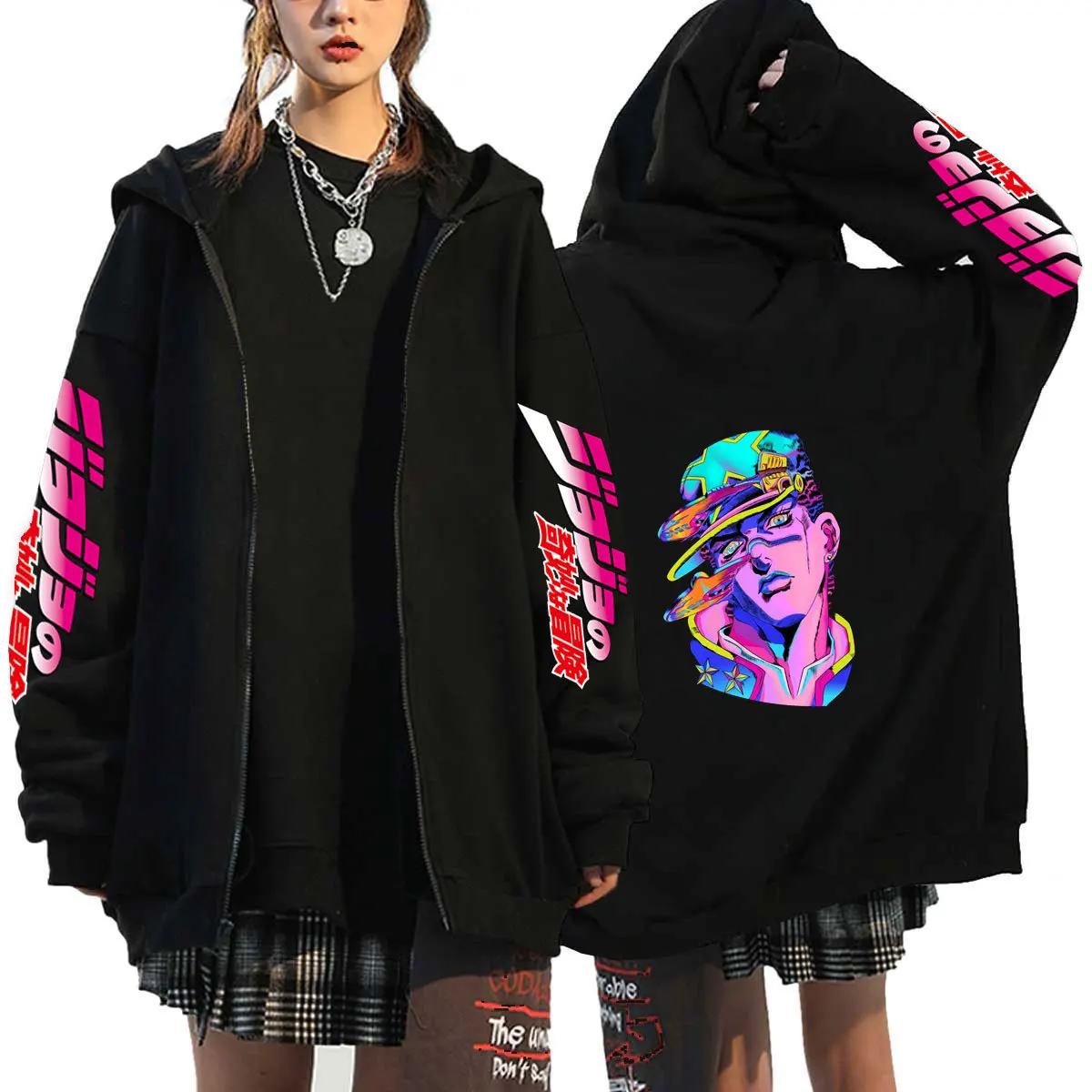 JoJo's Bizarre Adventure Anime Hooded Men Women Hot Manga Zipper Hoodies Plus Size Sweatshirt Harajuku Streetwear Zip Up Jacket