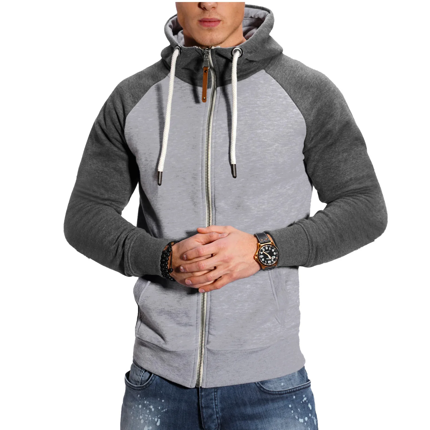 2024 New Men's Zip-Up Color Block Hoodie with Casual Stylish & Durable Fall/Winter Top Raglan Sleeves Hoodies Sweatshirt Male
