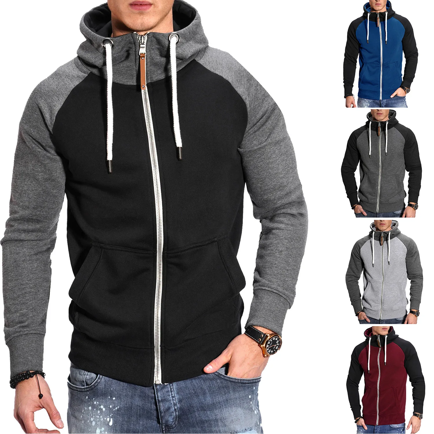2024 New Men's Zip-Up Color Block Hoodie with Casual Stylish & Durable Fall/Winter Top Raglan Sleeves Hoodies Sweatshirt Male