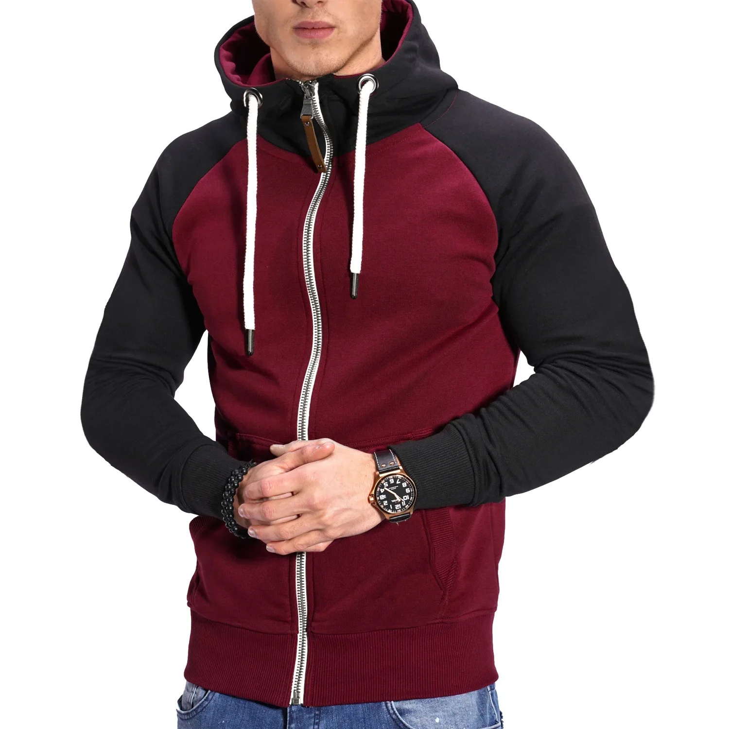 2024 New Men's Zip-Up Color Block Hoodie with Casual Stylish & Durable Fall/Winter Top Raglan Sleeves Hoodies Sweatshirt Male