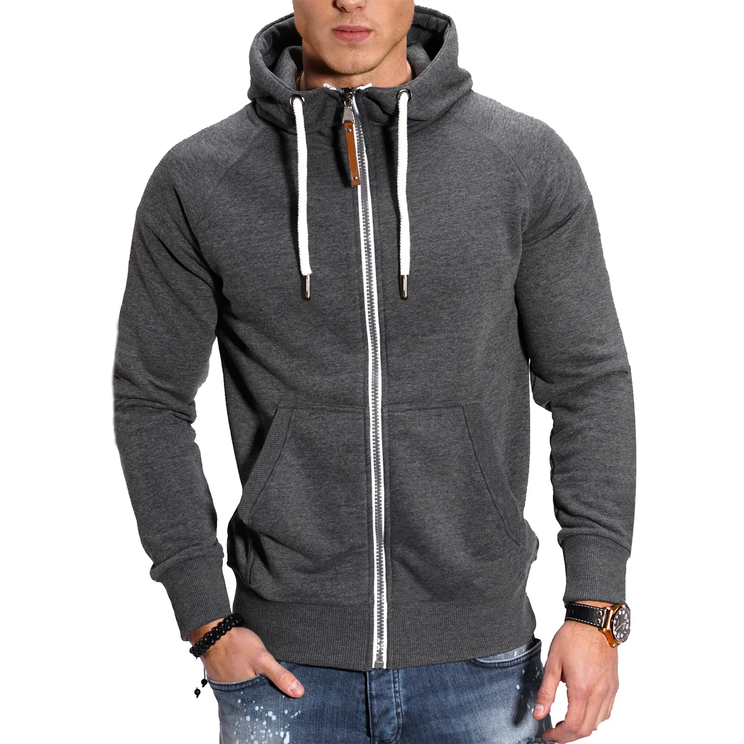 2024 New Men's Zip-Up Color Block Hoodie with Casual Stylish & Durable Fall/Winter Top Raglan Sleeves Hoodies Sweatshirt Male