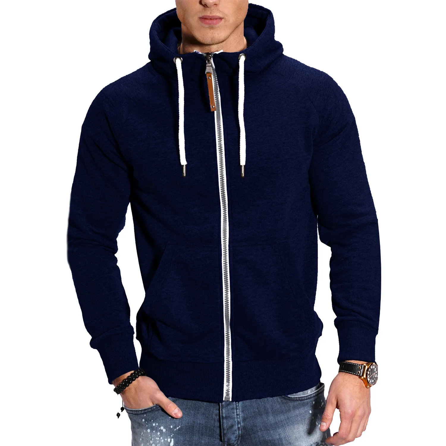 2024 New Men's Zip-Up Color Block Hoodie with Casual Stylish & Durable Fall/Winter Top Raglan Sleeves Hoodies Sweatshirt Male