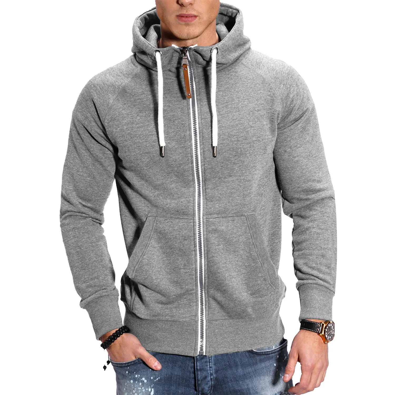 2024 New Men's Zip-Up Color Block Hoodie with Casual Stylish & Durable Fall/Winter Top Raglan Sleeves Hoodies Sweatshirt Male