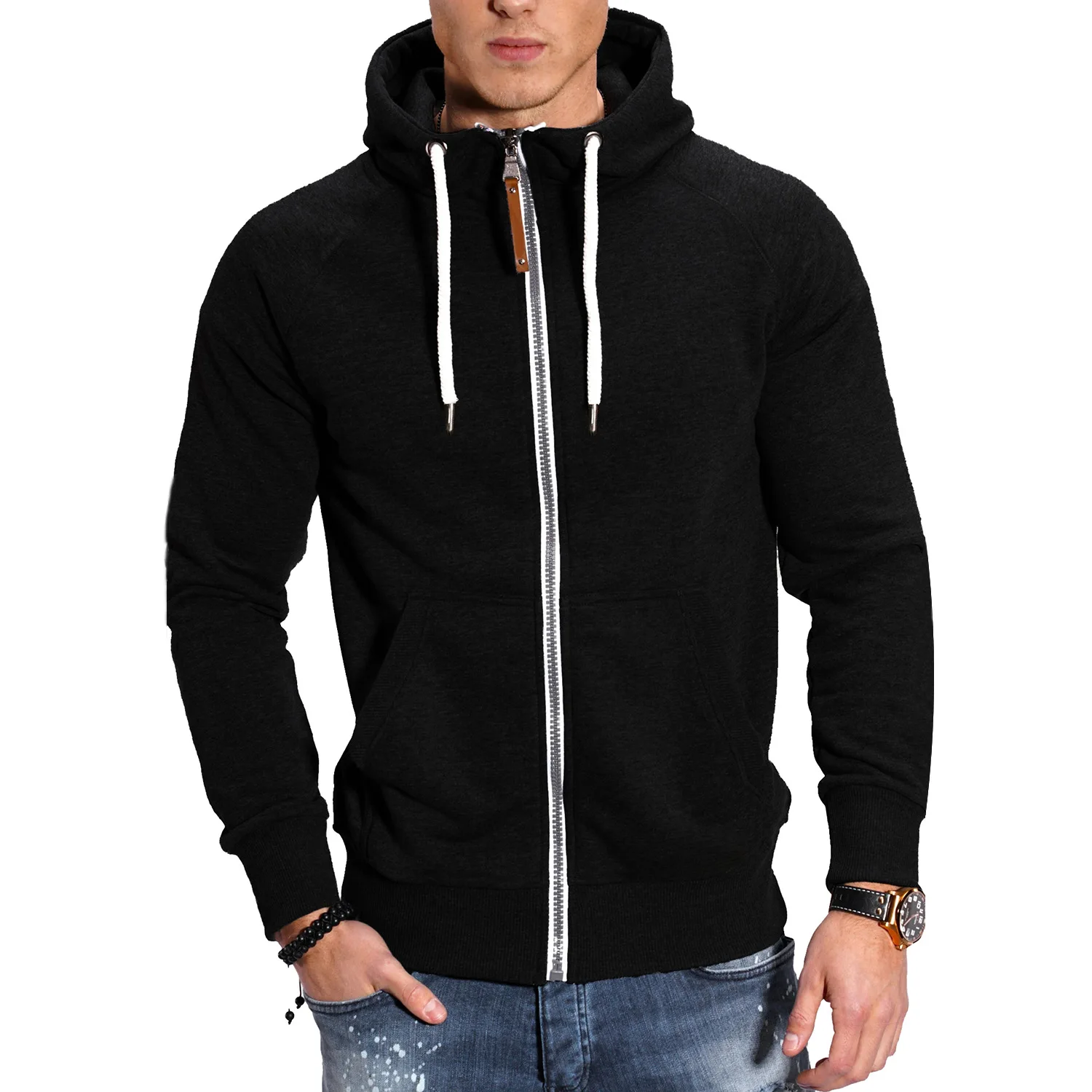 2024 New Men's Zip-Up Color Block Hoodie with Casual Stylish & Durable Fall/Winter Top Raglan Sleeves Hoodies Sweatshirt Male