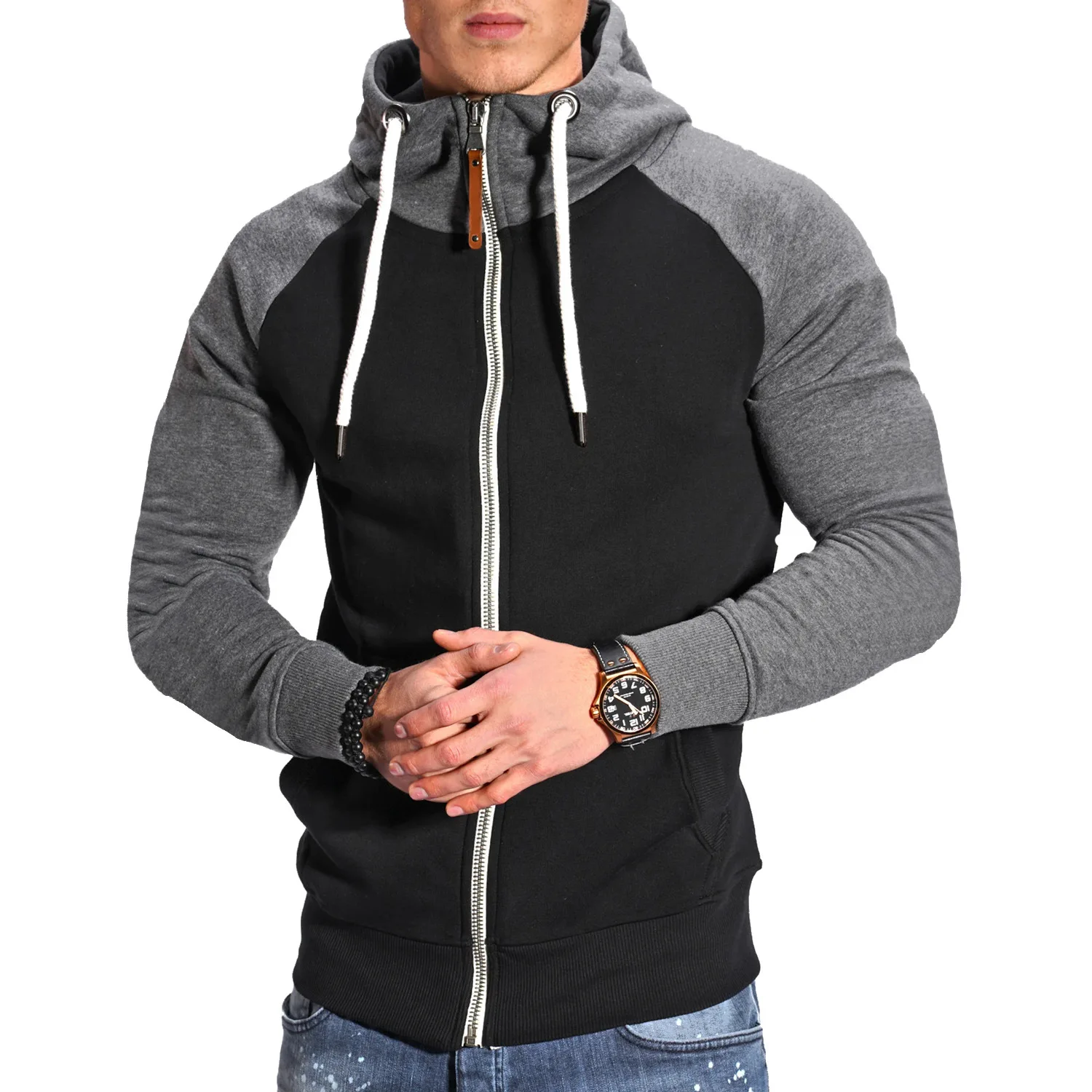 2024 New Men's Zip-Up Color Block Hoodie with Casual Stylish & Durable Fall/Winter Top Raglan Sleeves Hoodies Sweatshirt Male