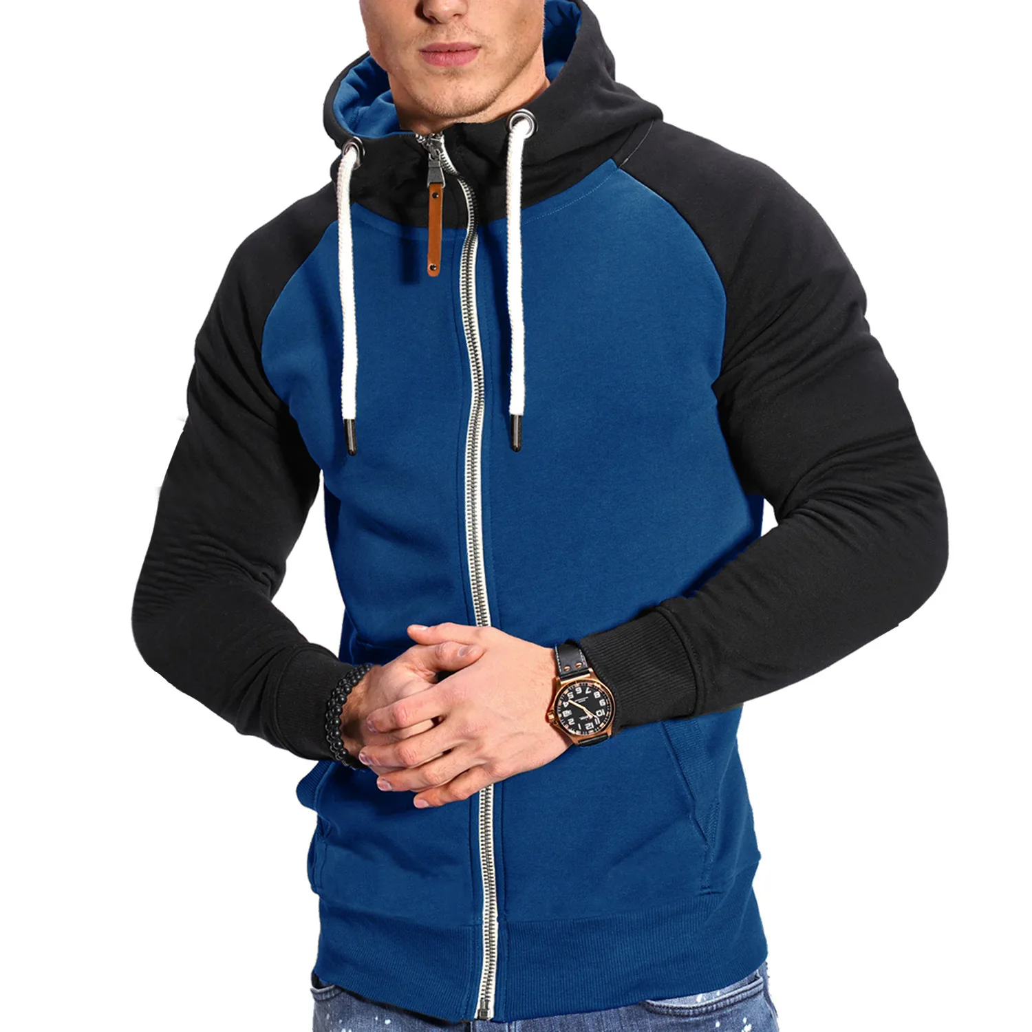 2024 New Men's Zip-Up Color Block Hoodie with Casual Stylish & Durable Fall/Winter Top Raglan Sleeves Hoodies Sweatshirt Male