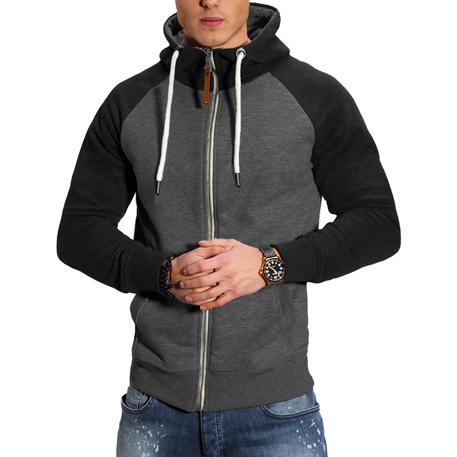 2024 New Men's Zip-Up Color Block Hoodie with Casual Stylish & Durable Fall/Winter Top Raglan Sleeves Hoodies Sweatshirt Male