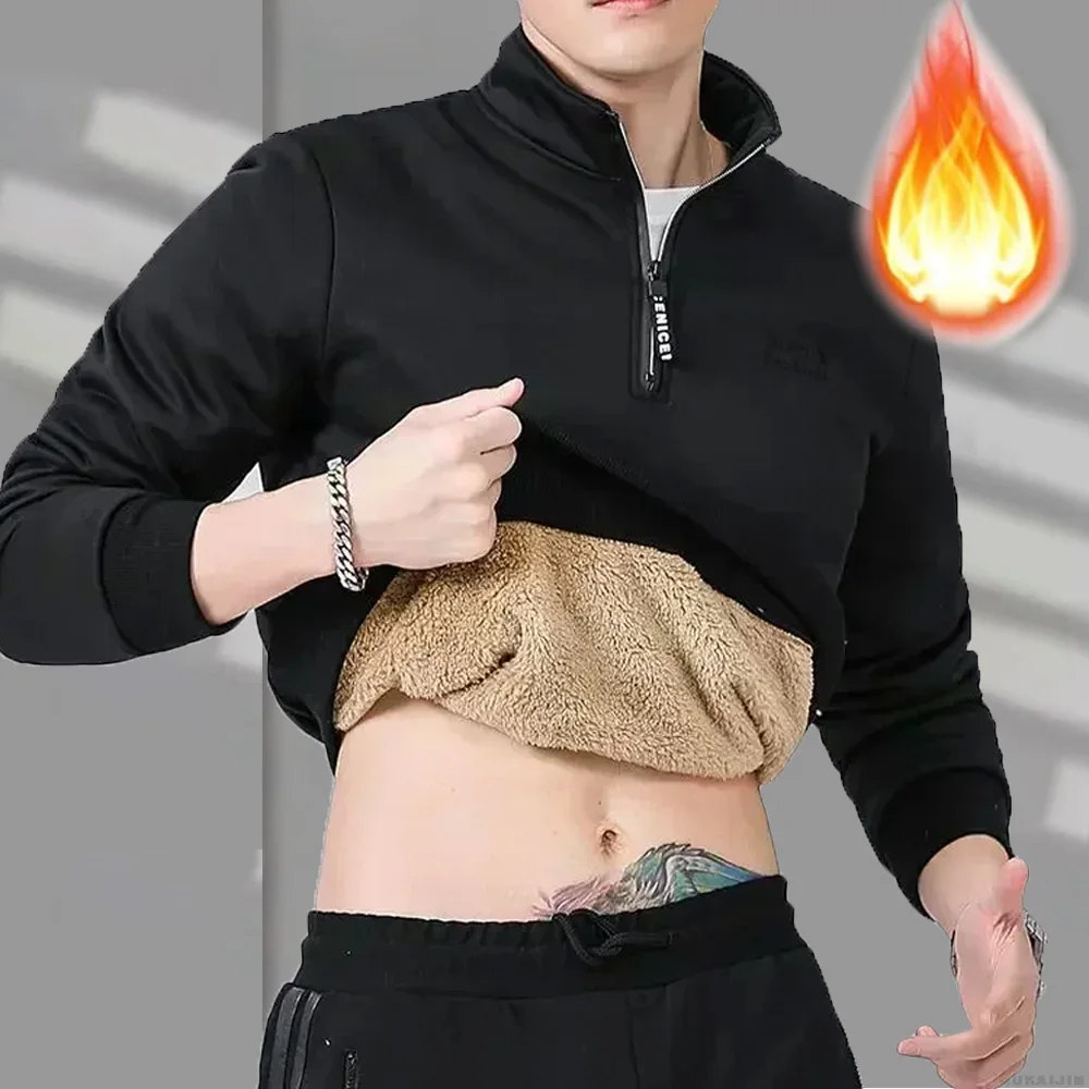 Winter Sweatshirt Men Long Sleeves Men Fleece Lined Warm Sweatshirt Pure Color Quarter Zip Sweatshirt Thicken Plus Size 8XL