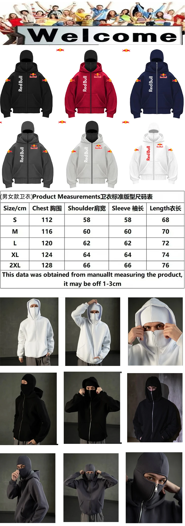 RedBull Logo Men's Zip Hoodie Winter Warm Casual Sweatshirt with Hooded Face Mask Zipper Design Sports Jacket Outdoor Activities
