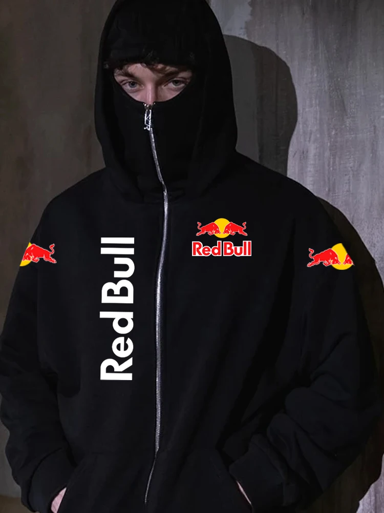 RedBull Logo Men's Zip Hoodie Winter Warm Casual Sweatshirt with Hooded Face Mask Zipper Design Sports Jacket Outdoor Activities