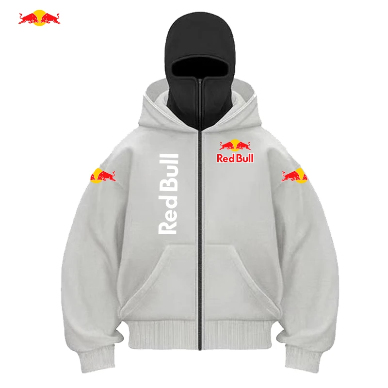 RedBull Logo Men's Zip Hoodie Winter Warm Casual Sweatshirt with Hooded Face Mask Zipper Design Sports Jacket Outdoor Activities