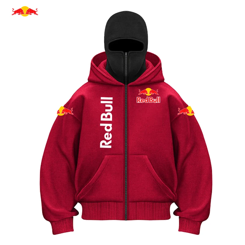 RedBull Logo Men's Zip Hoodie Winter Warm Casual Sweatshirt with Hooded Face Mask Zipper Design Sports Jacket Outdoor Activities