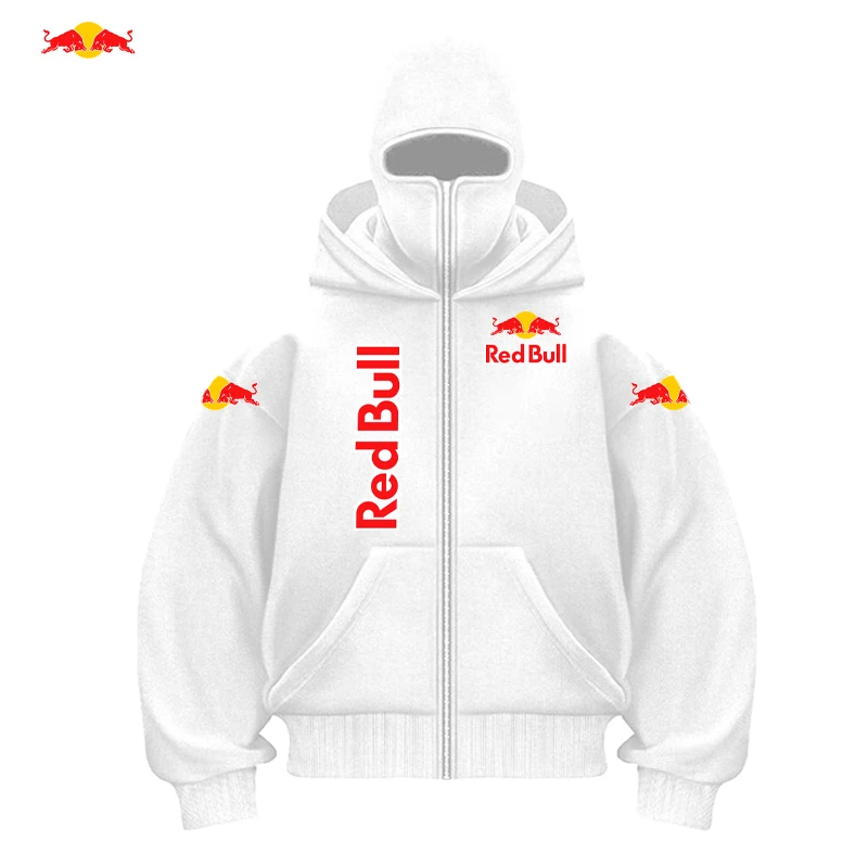 RedBull Logo Men's Zip Hoodie Winter Warm Casual Sweatshirt with Hooded Face Mask Zipper Design Sports Jacket Outdoor Activities