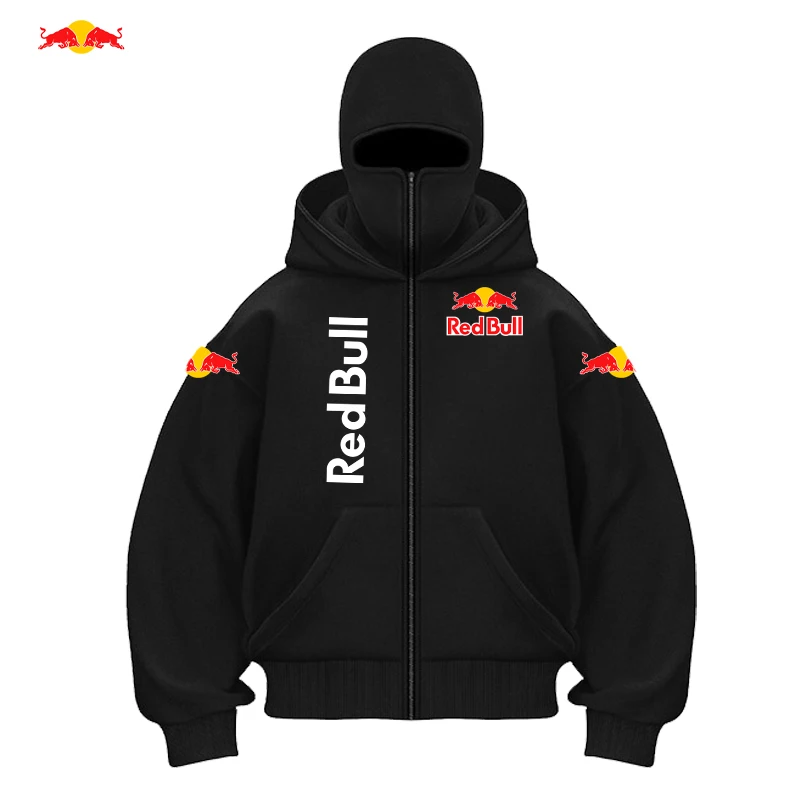 RedBull Logo Men's Zip Hoodie Winter Warm Casual Sweatshirt with Hooded Face Mask Zipper Design Sports Jacket Outdoor Activities