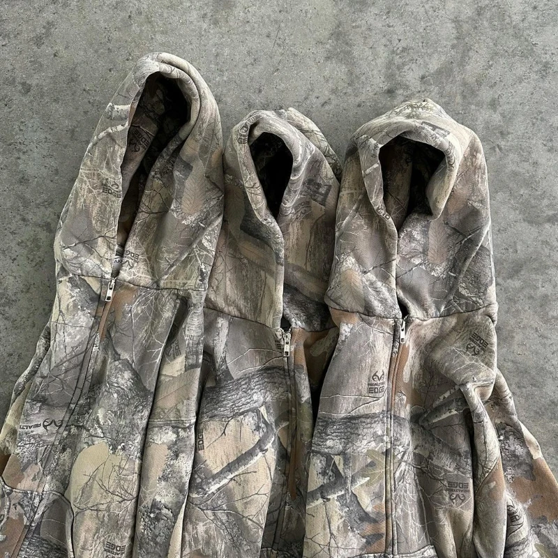 Y2K Retro Zip Up Hoodie Men Camouflage Pattern Zipper Sweatshirt High Street Hip Hop Streetwear Oversized Unisex Camo Hoodie