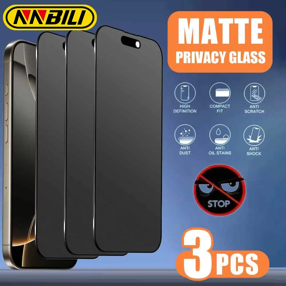 NNBILI 3pcs Full Cover Matte Privacy Screen Protector For iPhone 17 16 15 14 13 12 11 Pro Max Plus Mini X XS Anti-Peeping Glass NNBILI 3pcs Full Cover Matte Privacy Screen Protector For iPhone 17 16 15 14 13 12 11 Pro Max Plus Mini X XS Anti-Peeping Glass