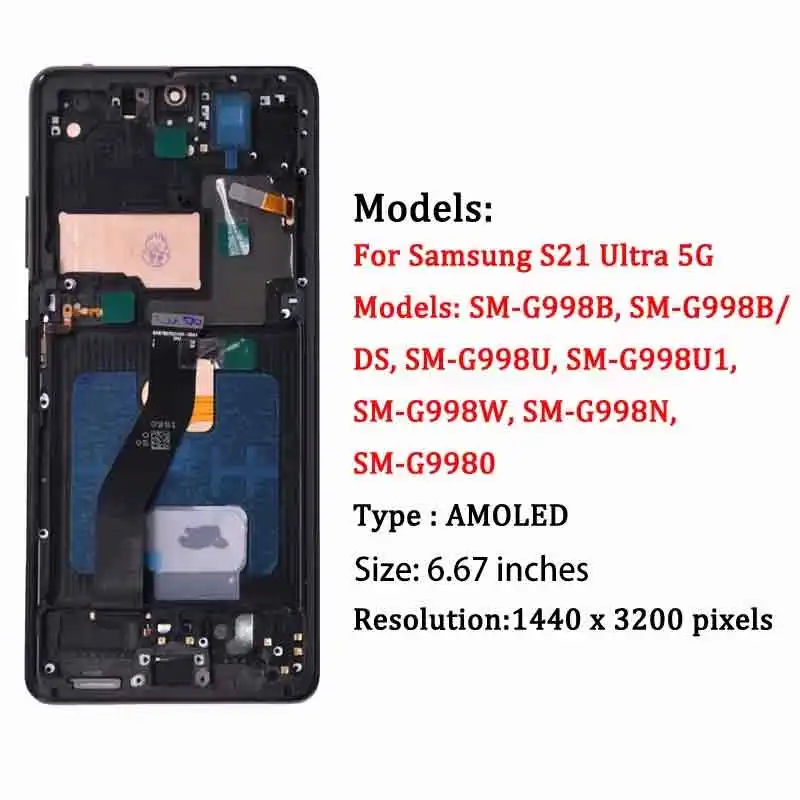 AMOLED S21 Ultra Screen Assembly for Samsung S21 Ultra 5G G998B G998B/DS Lcd Display Touch Screen Frame with Fingerprints