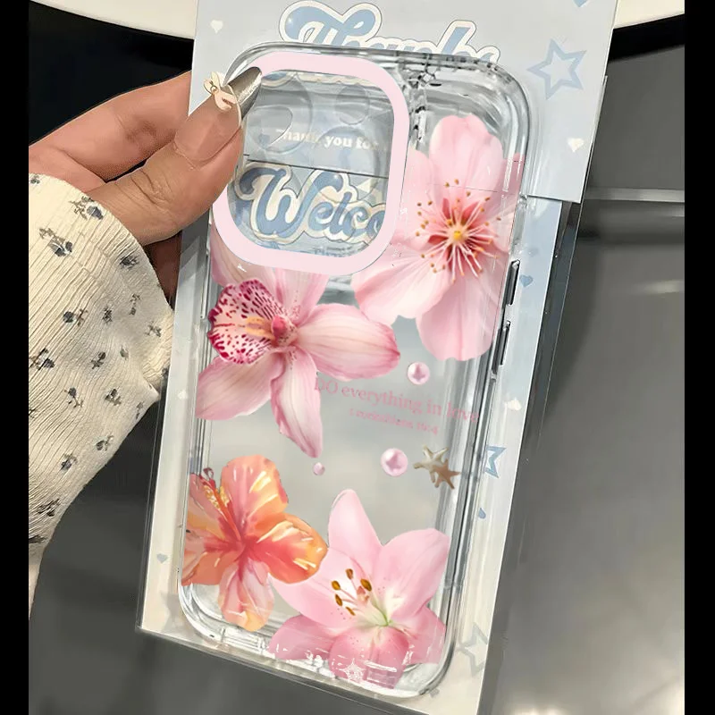 Pink Lily Flower Pattern Phone Case For iPhone 16 17 16e 15 14 13 12 11 Pro Max X XR XSMax 7 8 Plus SE2 Transparent Soft Cover