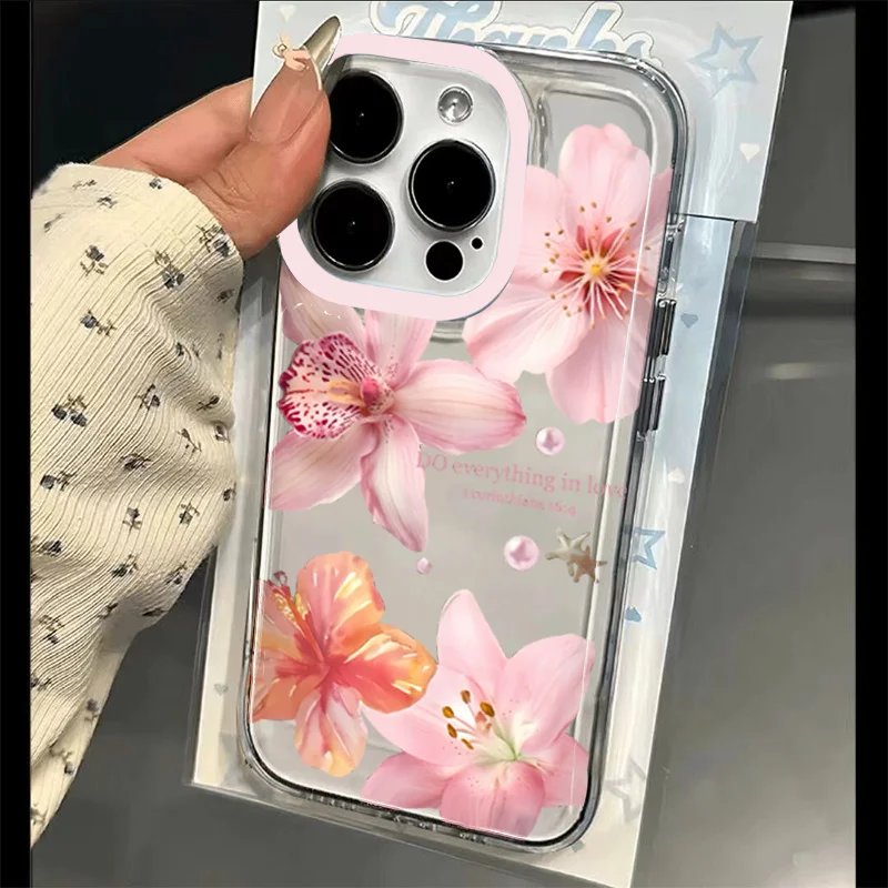 Pink Lily Flower Pattern Phone Case For iPhone 16 17 16e 15 14 13 12 11 Pro Max X XR XSMax 7 8 Plus SE2 Transparent Soft Cover