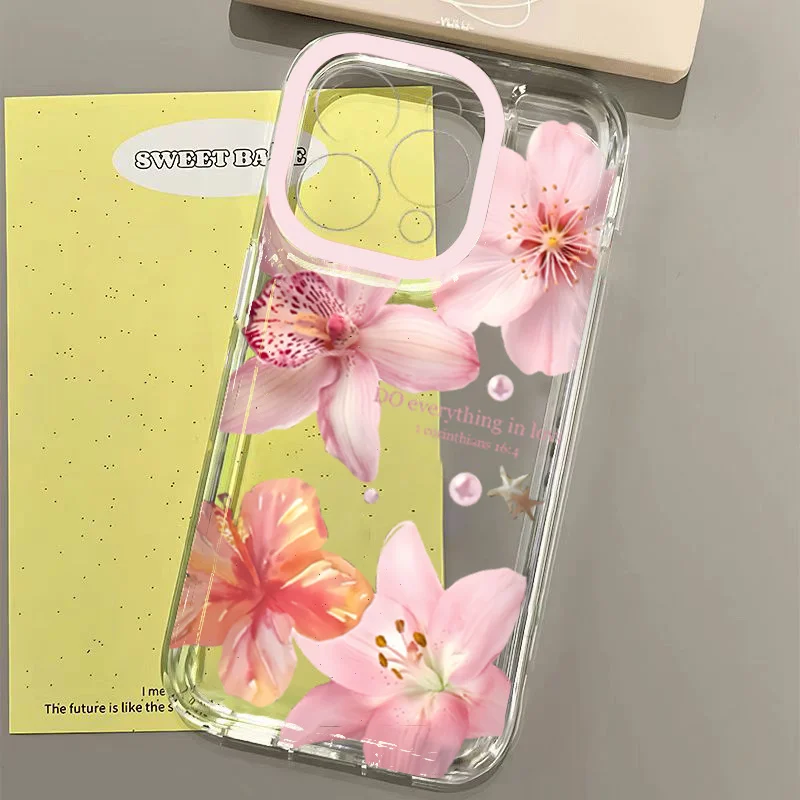Pink Lily Flower Pattern Phone Case For iPhone 16 17 16e 15 14 13 12 11 Pro Max X XR XSMax 7 8 Plus SE2 Transparent Soft Cover
