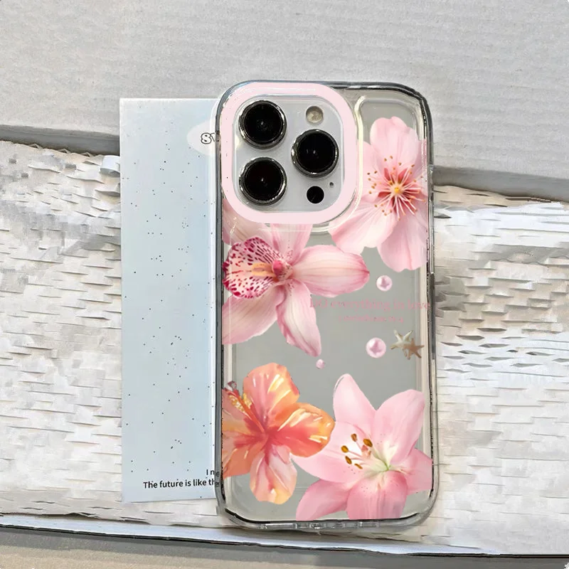 Pink Lily Flower Pattern Phone Case For iPhone 16 17 16e 15 14 13 12 11 Pro Max X XR XSMax 7 8 Plus SE2 Transparent Soft Cover