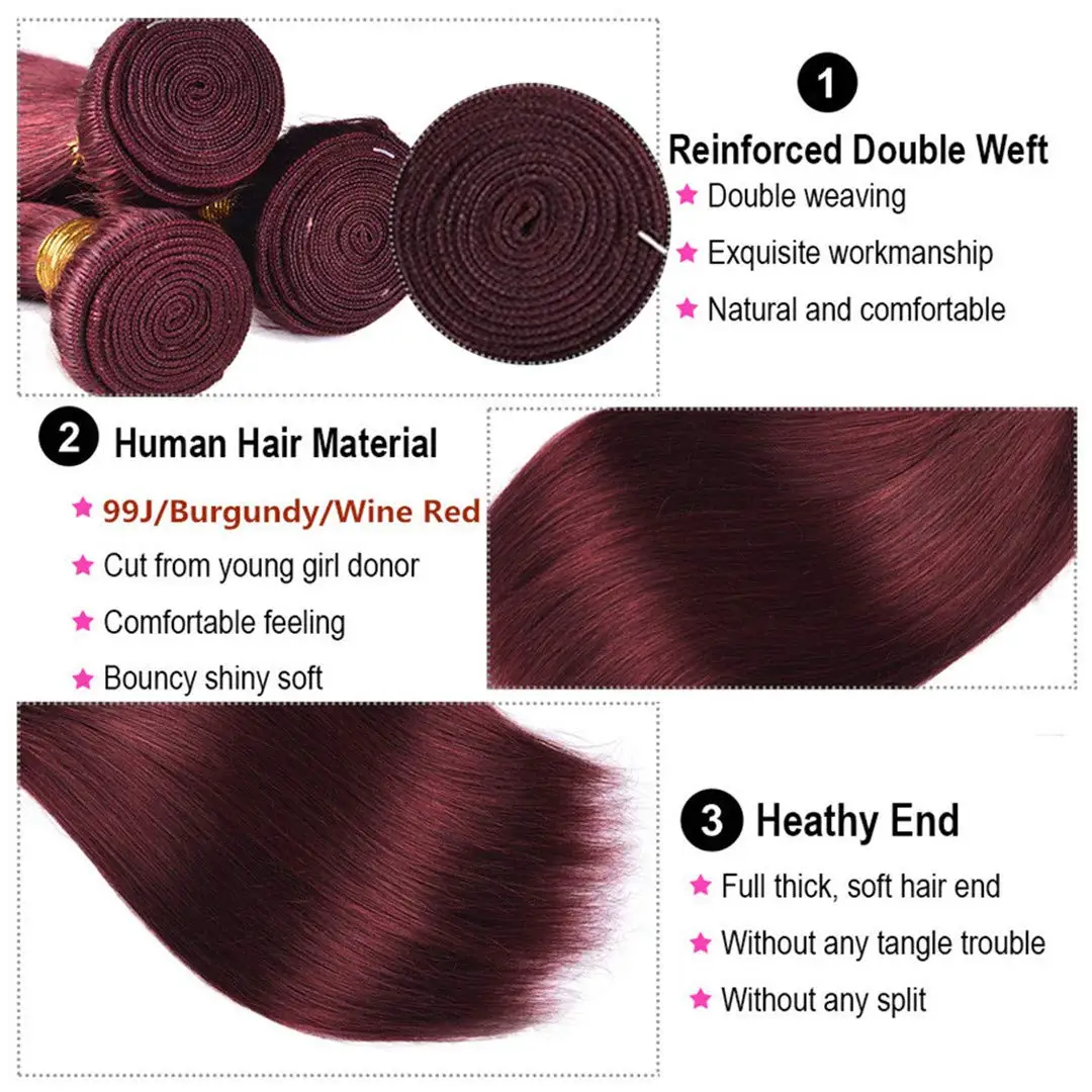Wine Red #99J Remy Human Hair Weave 16-28 inch Long Silky Straight Unprocessed Virgin Brazilian Hair Weft Extensions for Women Wine Red #99J Remy Human Hair Weave 16-28 inch Long Silky Straight Unprocessed Virgin Brazilian Hair Weft Extensions for Women