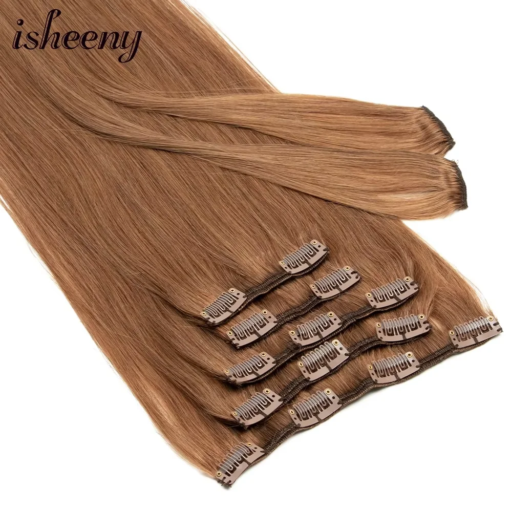 Isheeny 14"-22" Clip In Human Hair Extensions Brazilian Remy Natural Clip Human Hair Extension Real Natural Clip On 70G-100G