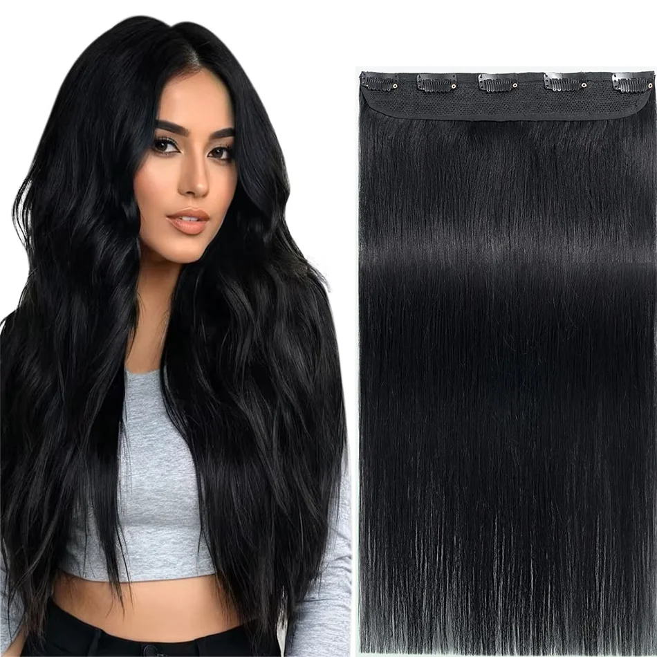 One Piece Clip in Hair Extensions Human Hair Dark Black Clip in Human Hair 24inch 3/4 Full Head Straight Remy Hair 5 Clips One Piece Clip in Hair Extensions Human Hair Dark Black Clip in Human Hair 24inch 3/4 Full Head Straight Remy Hair 5 Clips