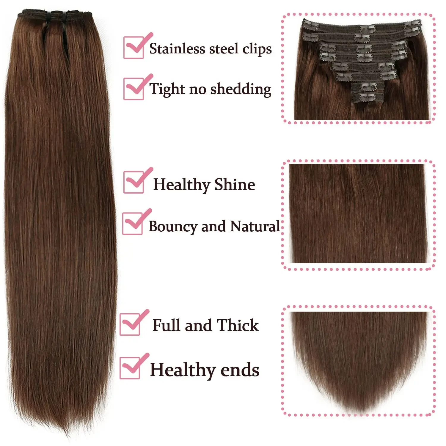 Clip In Hair Extensions Real Human Hair Color #4 Chocolate Brown Clip In Hair Extensions 8pcs Hair Natural Black Color 24 Inches