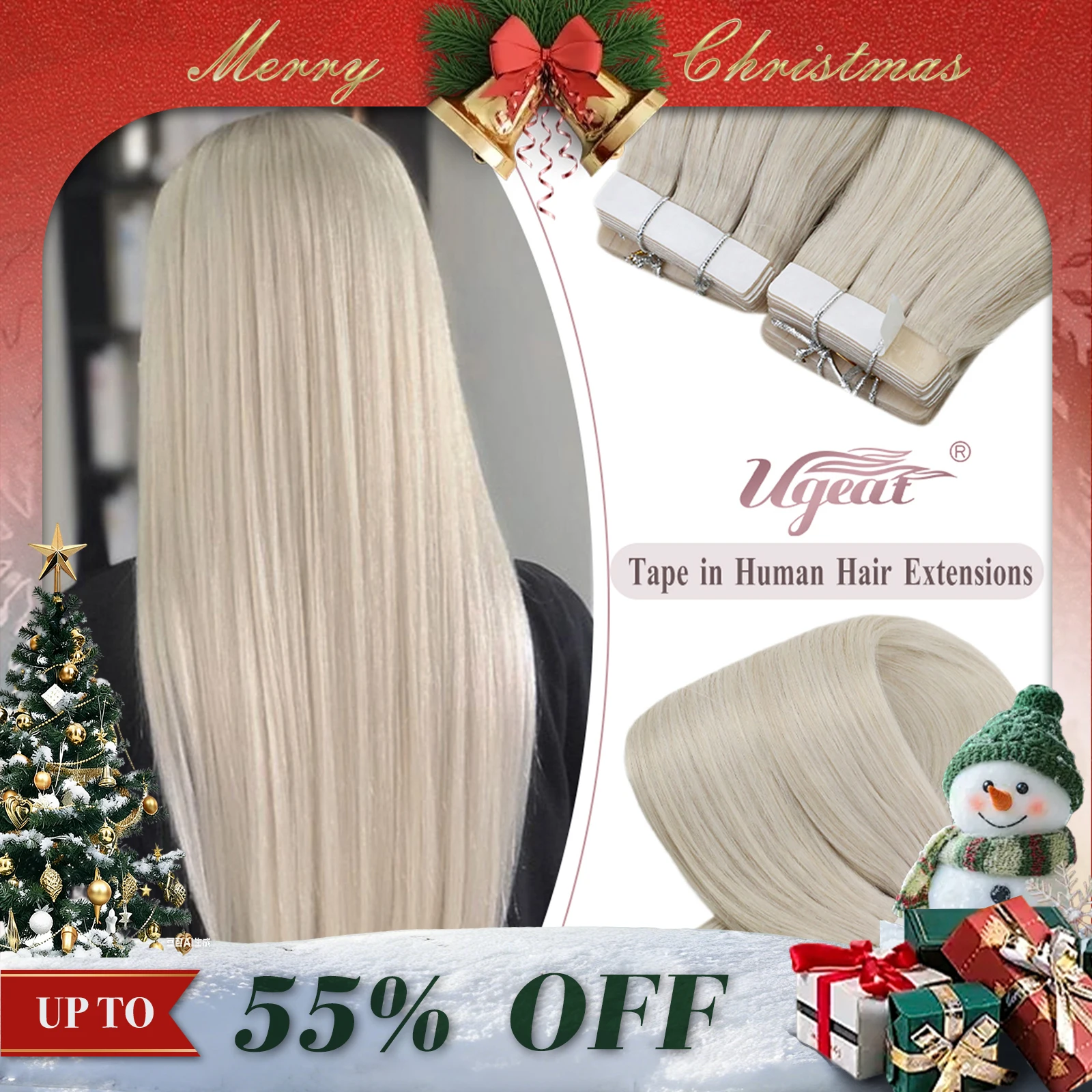 Ugeat Tape in Hair Extensions Human Hair Real Natural Brazilian Remy Hair Straight Seamless Skin Weft For Women Balayage 20P/40P