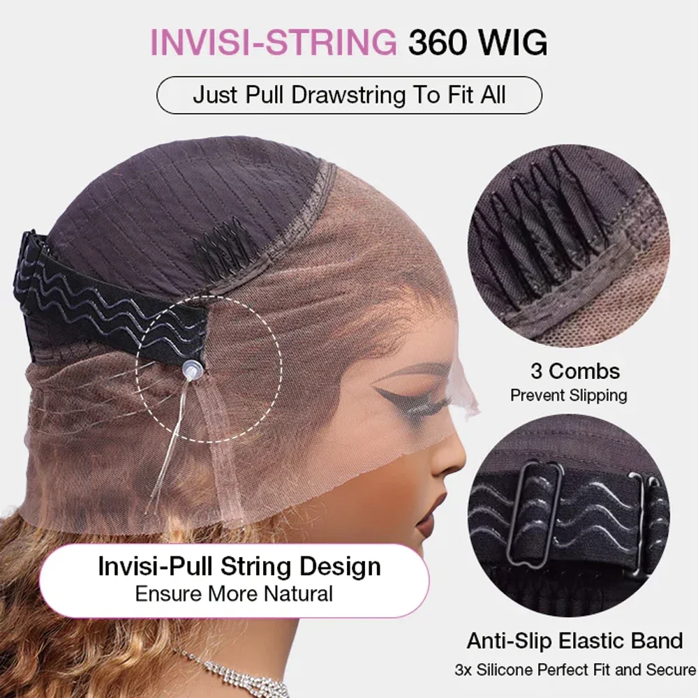 Curly 360 Full Lace Glueless Wig Human Hair Invisible Drawstring 13x6 Hd Lace P4/27 Highlight Deep Wave Frontal Wigs For Women