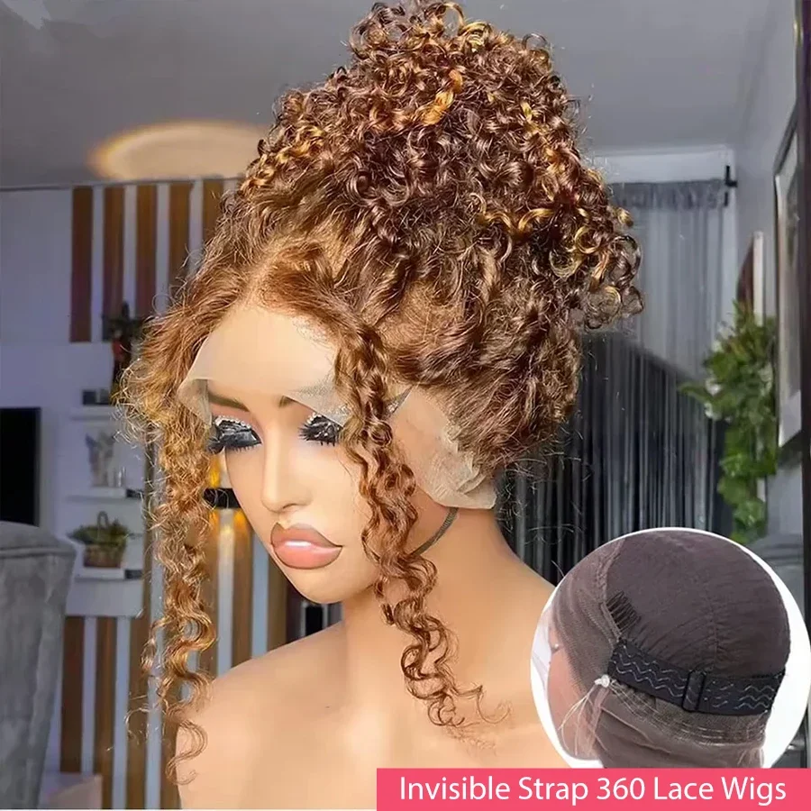 Curly 360 Full Lace Glueless Wig Human Hair Invisible Drawstring 13x6 Hd Lace P4/27 Highlight Deep Wave Frontal Wigs For Women