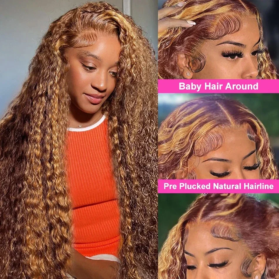 Curly 360 Full Lace Glueless Wig Human Hair Invisible Drawstring 13x6 Hd Lace P4/27 Highlight Deep Wave Frontal Wigs For Women