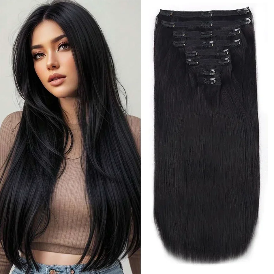 Clip Ins Straight Seamless Brazilian Human Hair Extensions Natural Color Invisible Clip In Hair Extension 16-26 Inches For Women