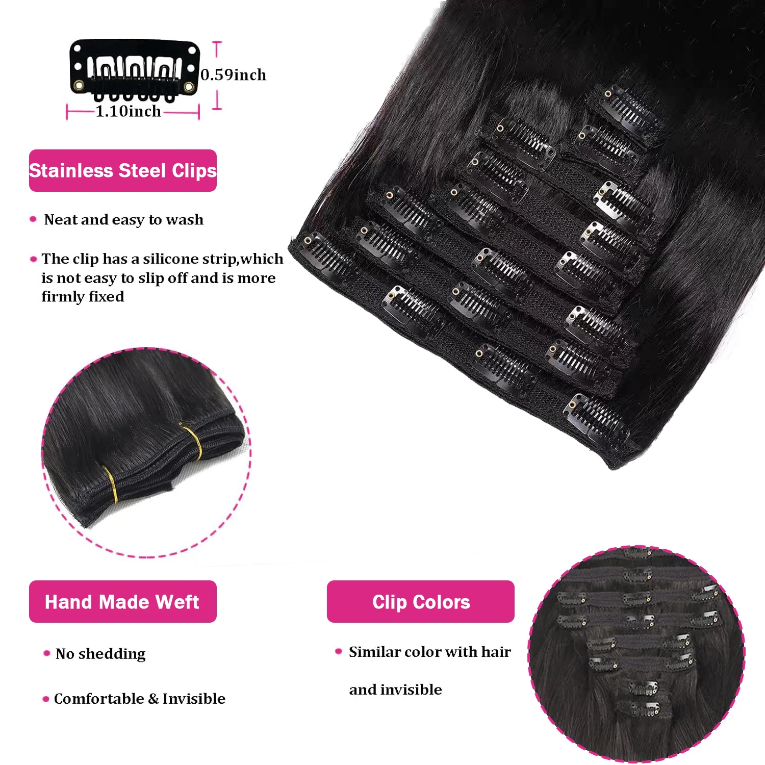 Clip Ins Straight Seamless Brazilian Human Hair Extensions Natural Color Invisible Clip In Hair Extension 16-26 Inches For Women