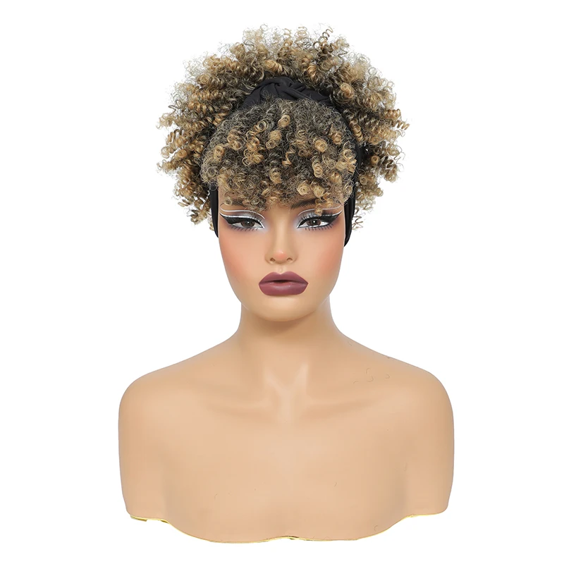 Ombre Headband Wig Short Afro Kinky Curly Headband Wig with Bangs for Women Natural Synthetic Curly Wigs with Head Wrap