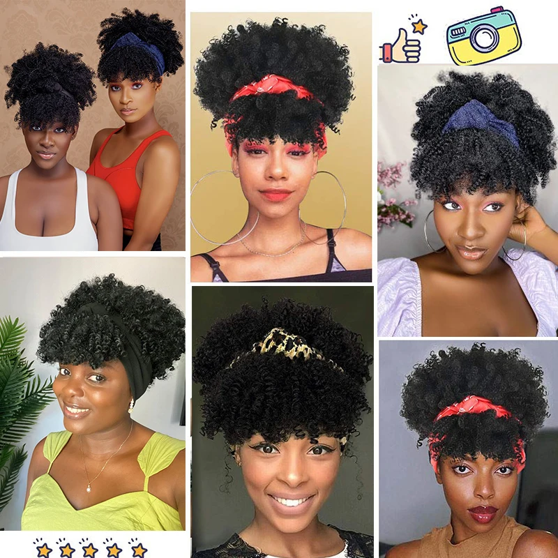 Ombre Headband Wig Short Afro Kinky Curly Headband Wig with Bangs for Women Natural Synthetic Curly Wigs with Head Wrap