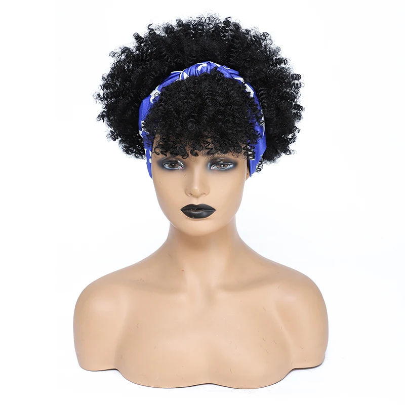 Ombre Headband Wig Short Afro Kinky Curly Headband Wig with Bangs for Women Natural Synthetic Curly Wigs with Head Wrap