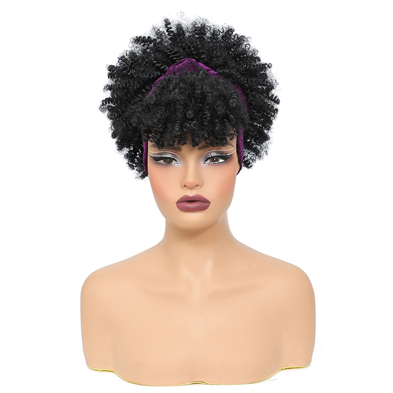 Ombre Headband Wig Short Afro Kinky Curly Headband Wig with Bangs for Women Natural Synthetic Curly Wigs with Head Wrap