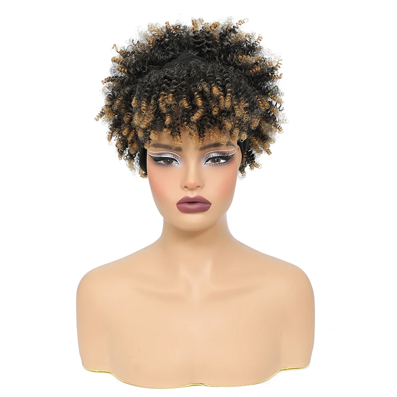Ombre Headband Wig Short Afro Kinky Curly Headband Wig with Bangs for Women Natural Synthetic Curly Wigs with Head Wrap